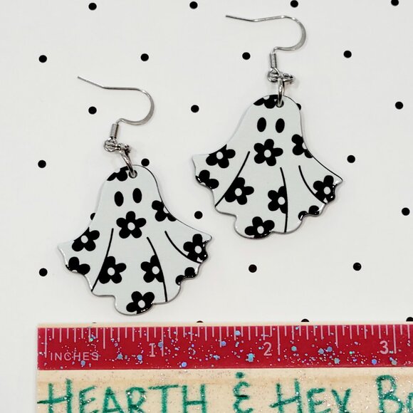 Black and White Retro Flower Ghost Earrings Stainless Steel Hooks Summerween - Picture 4 of 7